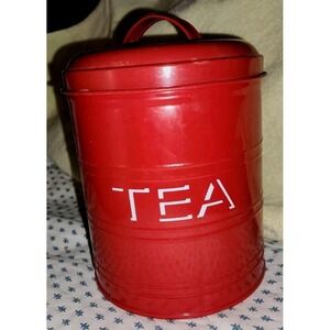 Vintage Style Red MCM Metal Tea Canister W/ Lid Retro Kitchen  1940s-50s